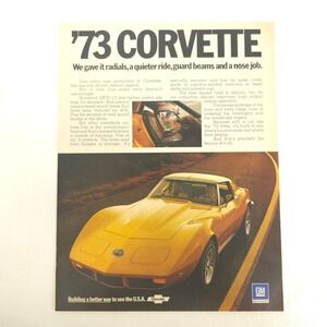 1973 Chevrolet Corvette Print Ad Yellow Stingray Classic Vintage Car Advertising